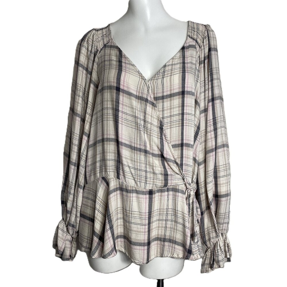 Cato Blouse Top Women's 22/24W Wrap Tie Peplum Smocked 3/4 Sleeve Tartan Plaid